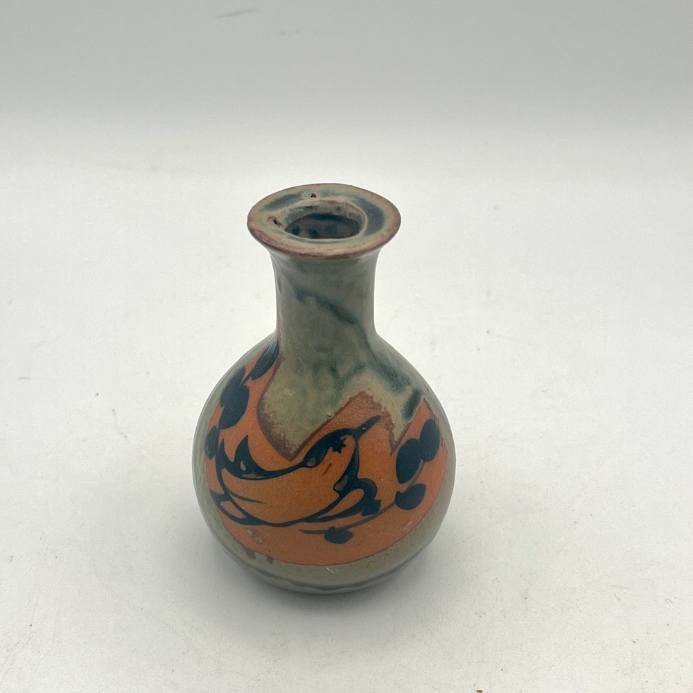 Vintage Japan Miniature Pottery Bud Vase Abstract Bird Green Orange Glaze